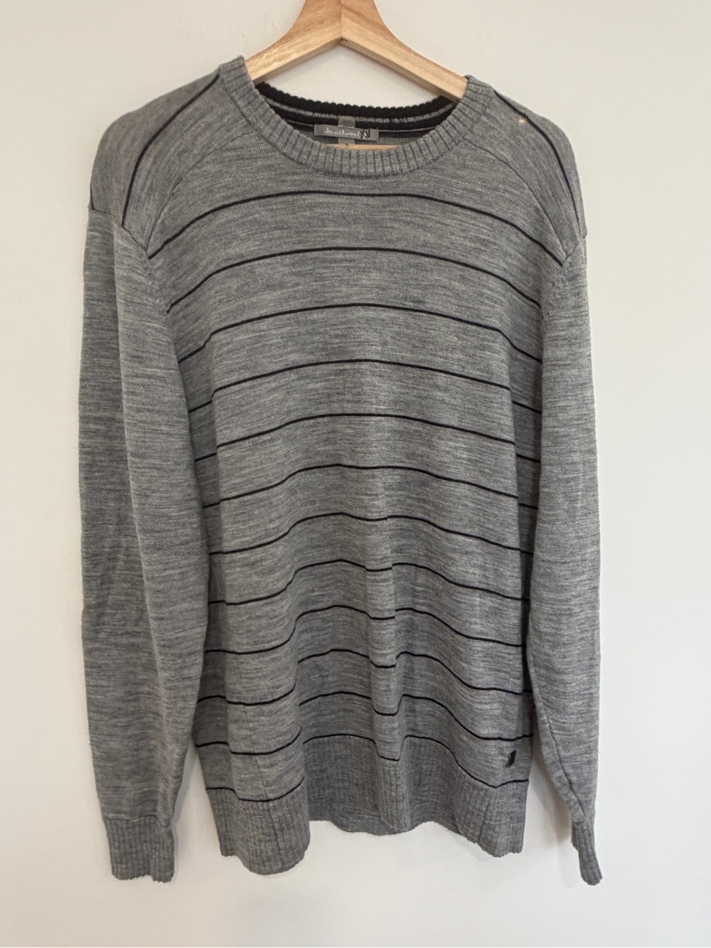Smartwool Men's Grey Crewneck Sweater with Thin Black Stripes 100% merino